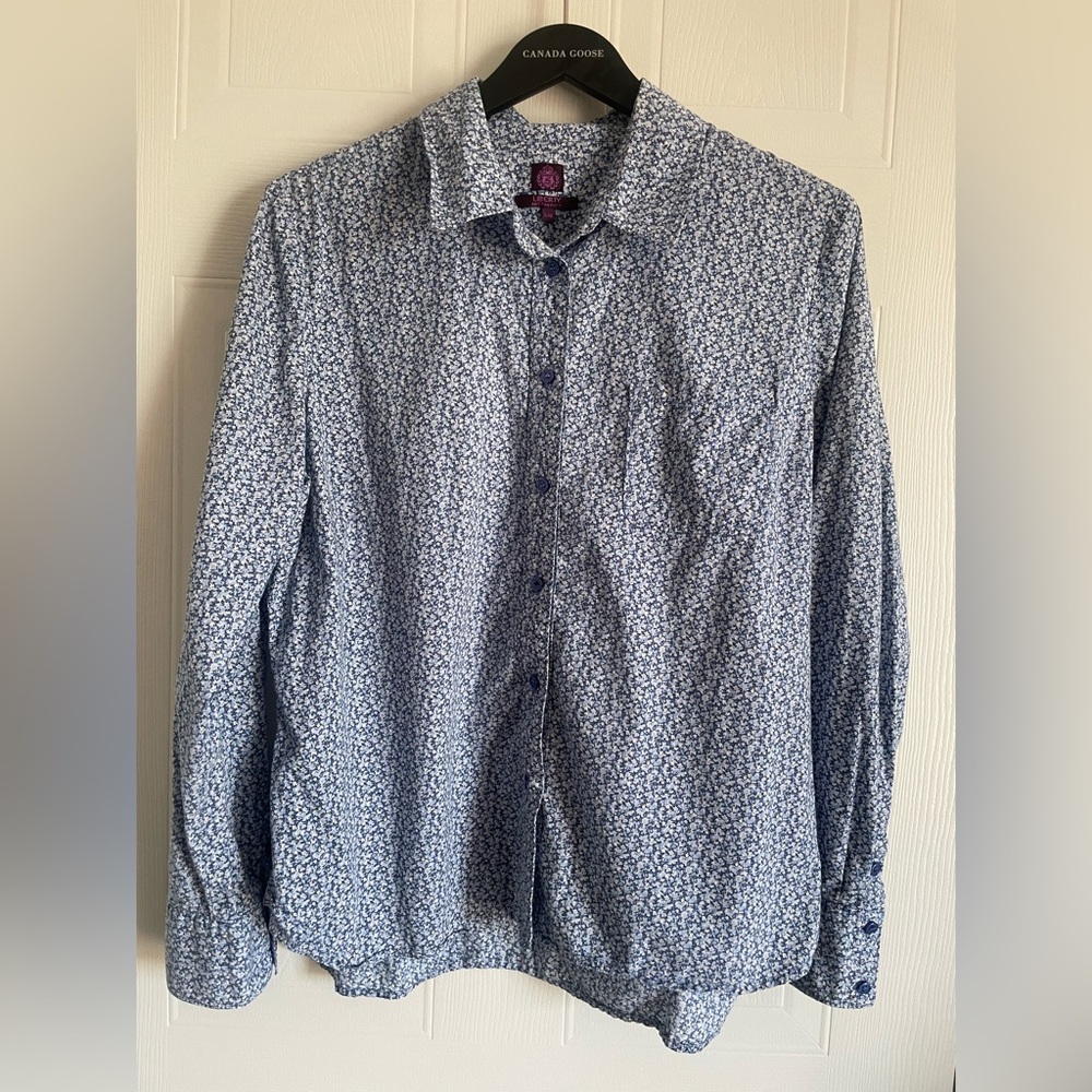 Liberty London Floral Cotton Shirt L Blue Art Fabric Tana Lawn - Picture 2 of 13